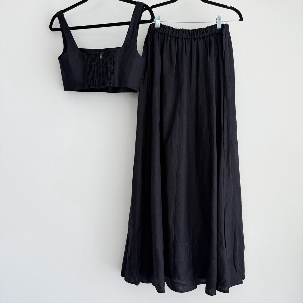 Reformation Linen Palm Set 4 Black Two Piece Set Crop Top Skirt Vacation Resort - Picture 12 of 14